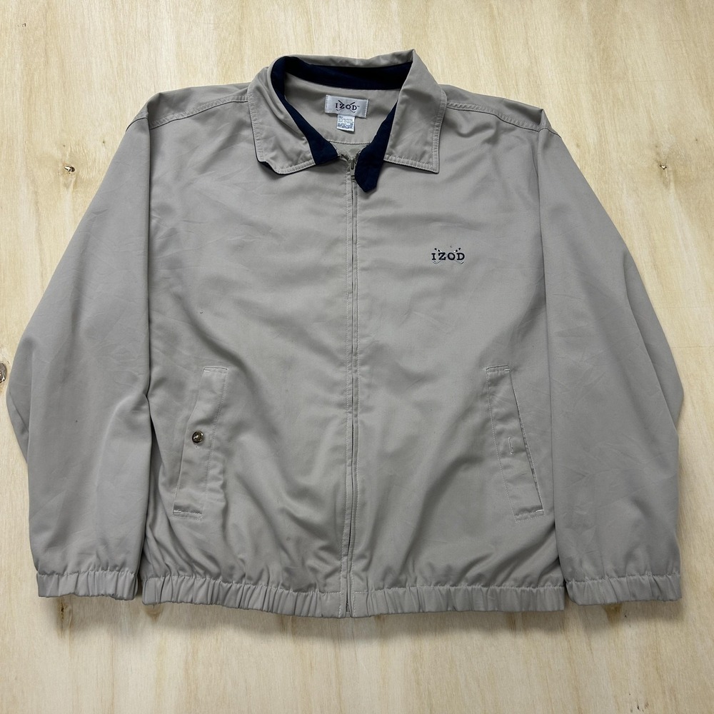 IZOD Jacket Mens Medium Beige Microfiber Bomber Full Zip Golf Elastic Waist‎